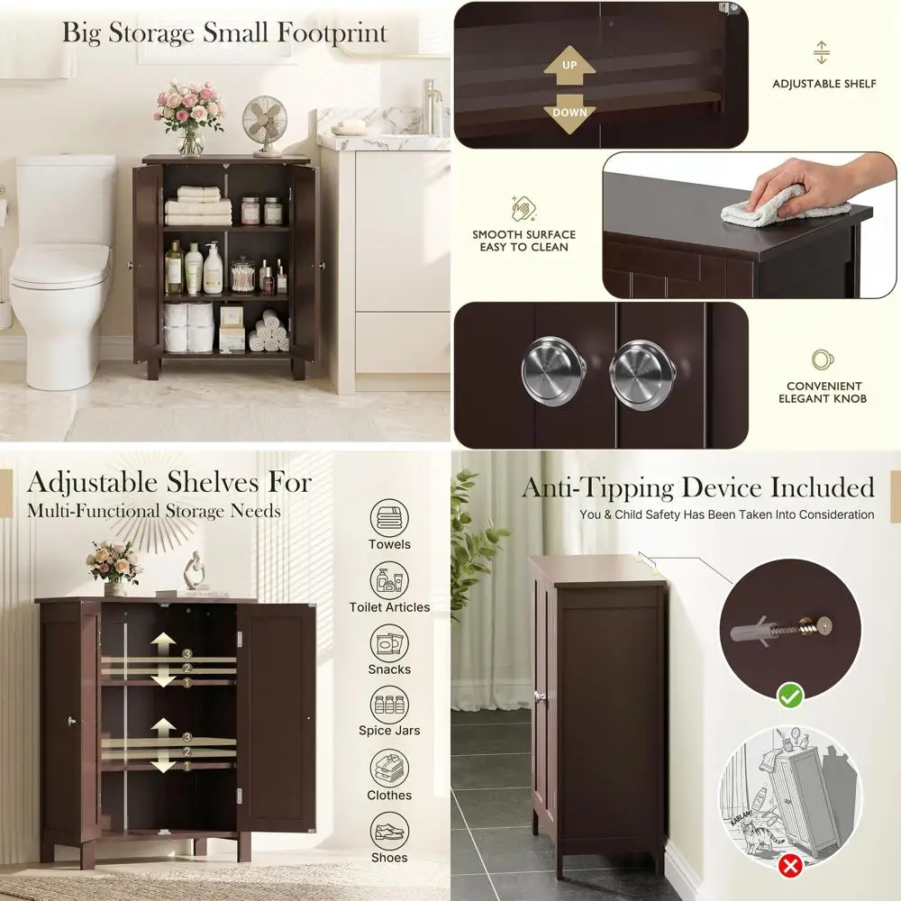 

Double Door Wooden Storage Cabinet with Adjustable Shelves, Ideal for Living Room, Bathroom, and Bedroom (Brown)