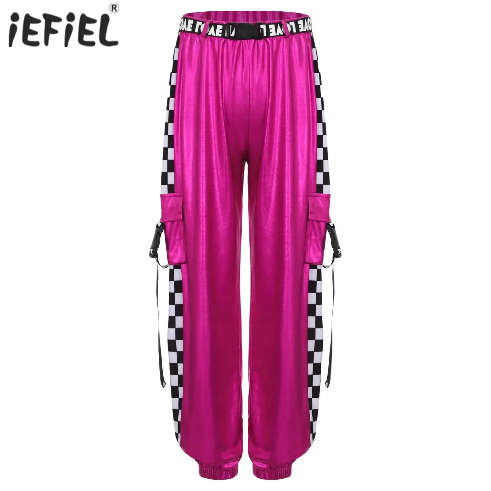 Kids Girls Hip Hop Street Dance Trousers Checkered Costume Metallic Gloss Pants with Belt for Stage Performance Dance Classes