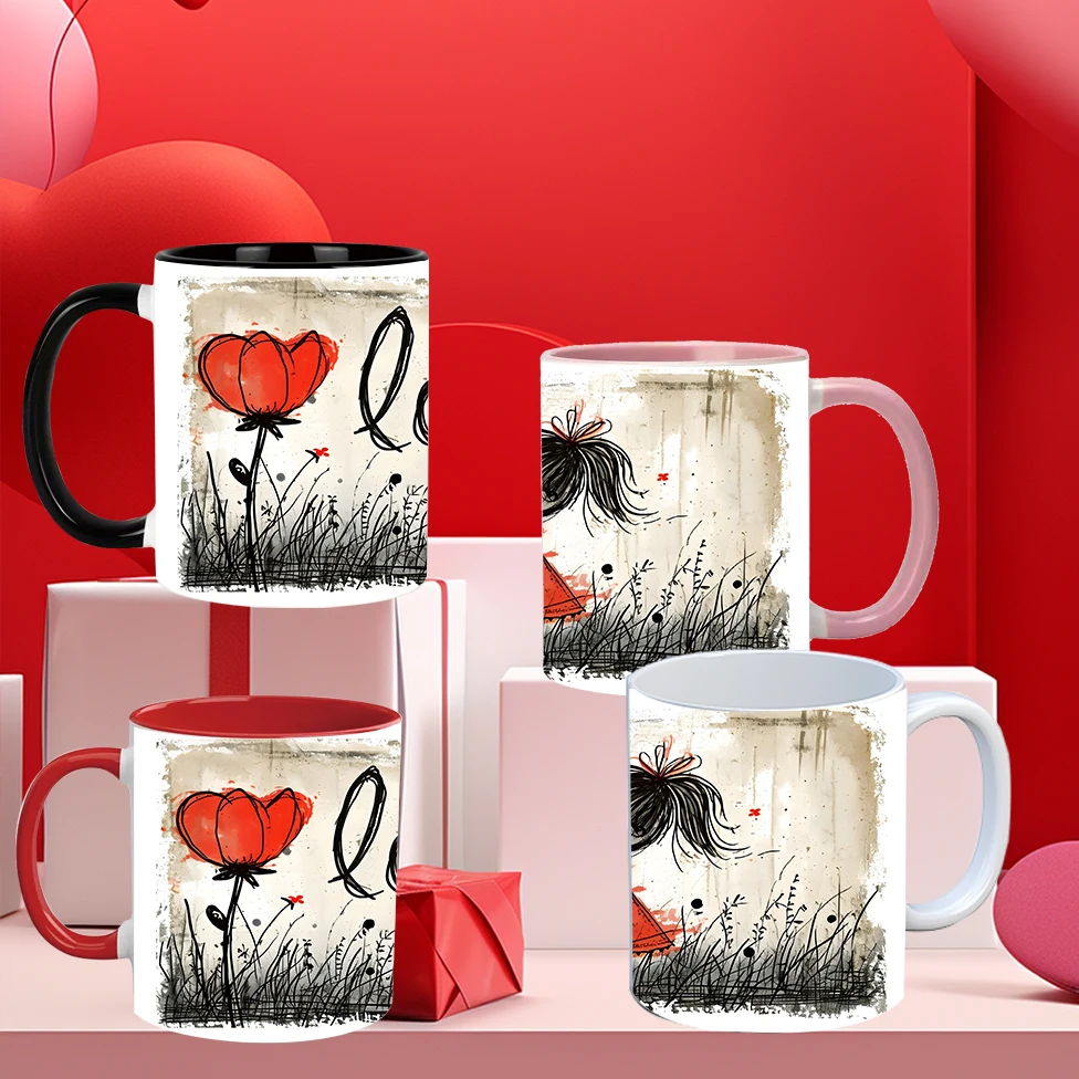 11oz Ceramic Cups with Handle 3D Print Lover Girl Insulated Drink Mugs Valentine's Day Couple Cups Anniversary Gifts For Her