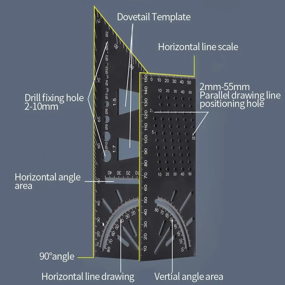 Woodworking Square Size Measure Ruler,45/90 Degree Angle T Ruler,3D Mitre Angle Measuring Template Tool, Measuring Timber, Pipes