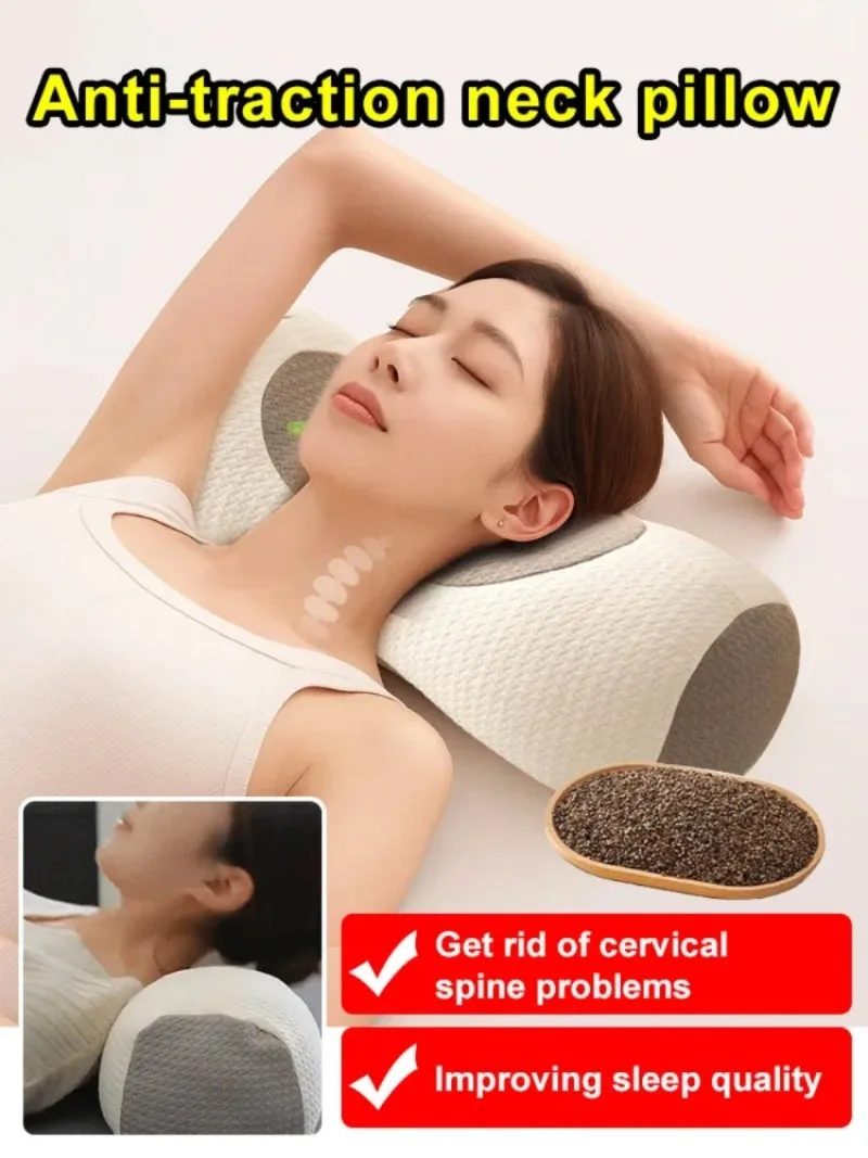 Cylindrical Buckwheat Pillows Breathable Anti-arch Cervical Vertebra Pillow Correction Traction Pillow Core for Neck Pain Relief