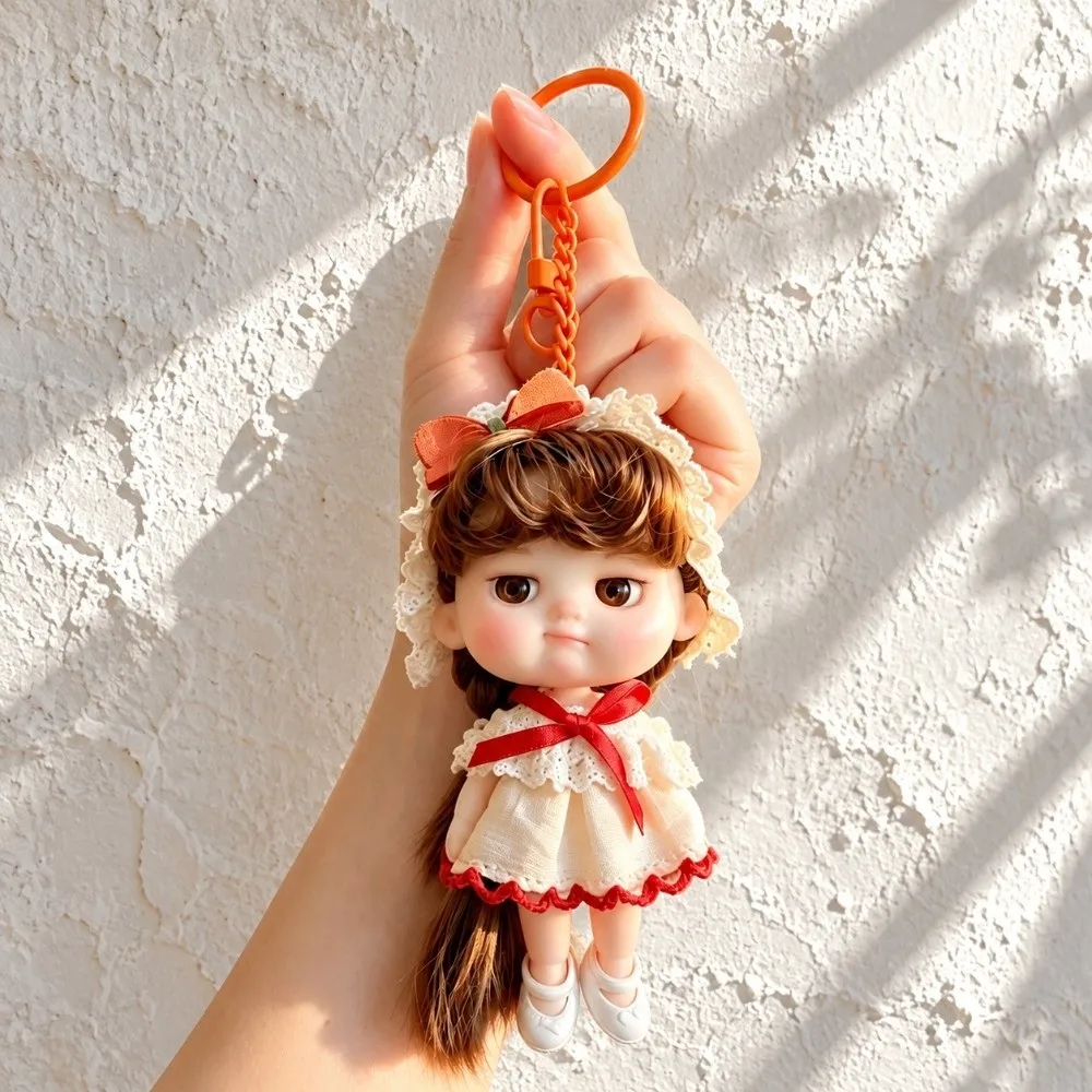 10CM Curly-Haired Doll Keychain Wearable Outfit Long Hair Mini Doll Pendant Versatile Movable Joints Bag Charm Doll