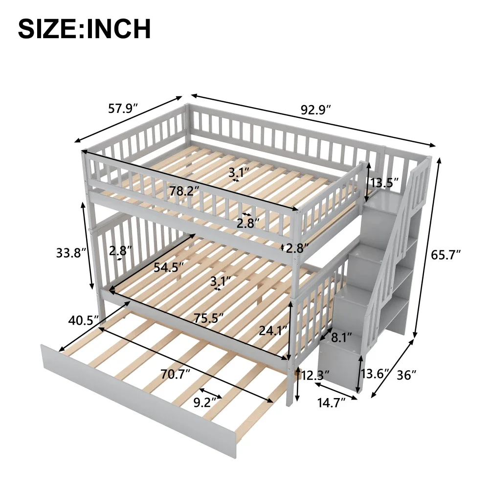 Lits superposés complets avec tronçon et escalier pour enfants, meubles en bois pour enfants, lits jumeaux pour garçons et filles, US