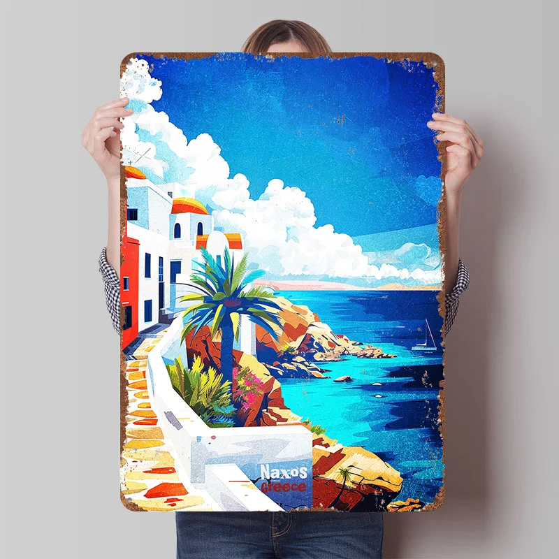 Pôster de Arte Costeira da Grécia Naxos, Placas de Metal Vintage Personalizadas, Arte de Parede Retro para Decoração de Escritório, Quarto e Casa