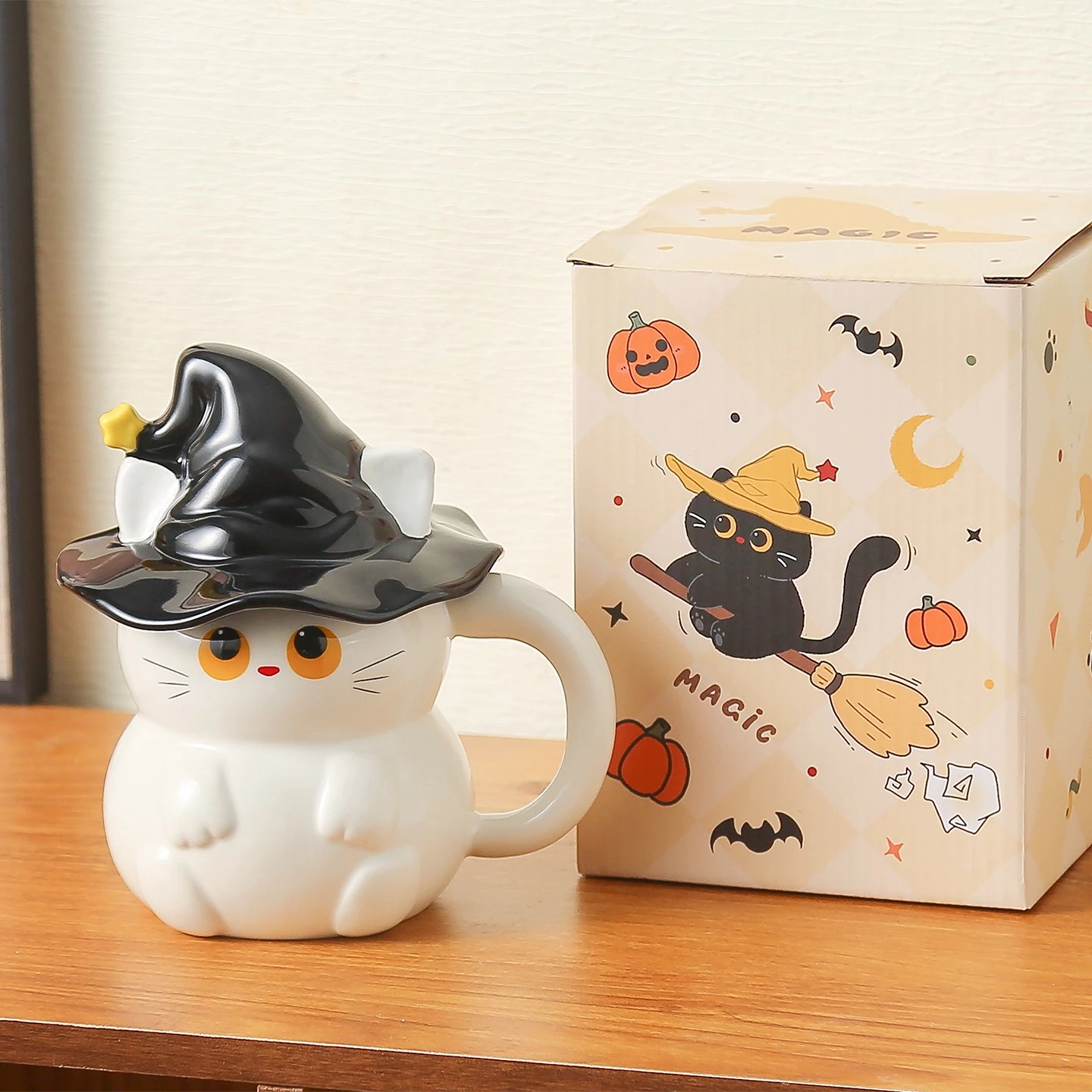 Magic Hat Cat Halloween Creative Cute Ghost Home Couple Ceramic Ornament Handmade Gift