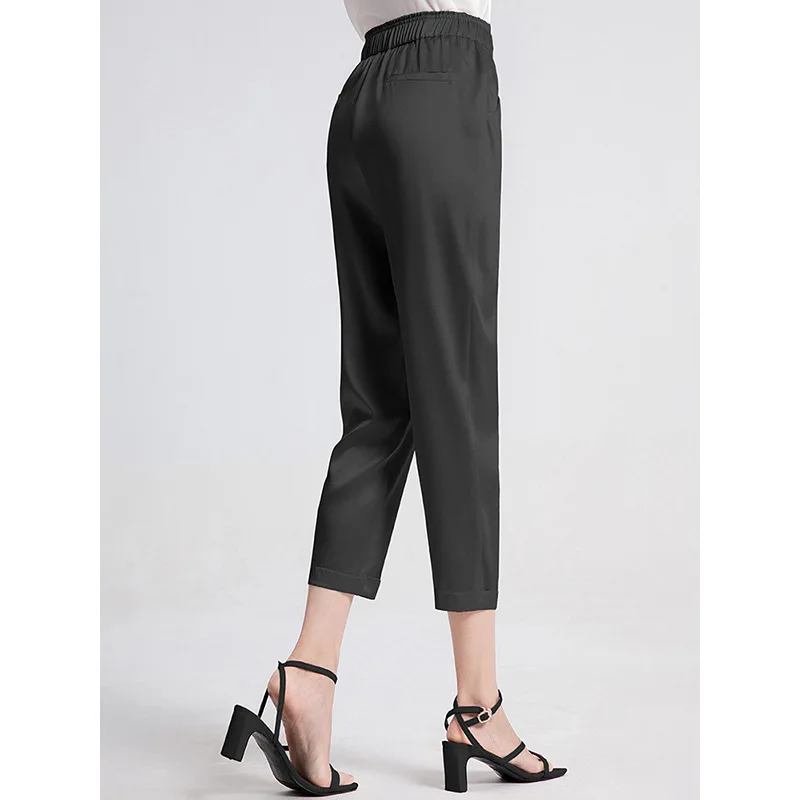 Birdsky, 1PC 여성 하렘 바지 바지 종아리 바지 drawtring 탄성 높은 허리 95% 진짜 뽕나무 실크 5% 스판덱스 2 색, S-945