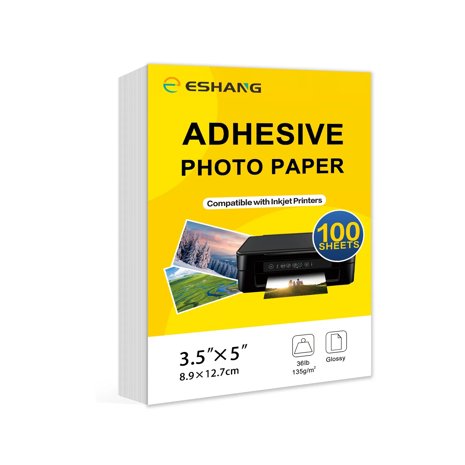 ESHANG100 Sheets Glossy Self-Adhesive Photo Sticker Paper for Inkjet Printer 3.5x5 Inch 135g Printable Sticker Printer Paper