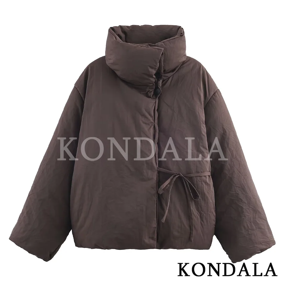 KONDALA Fall Winter Padding Coat Coffee Brown Lace-up Stand-up Collar Jacket Women 2025 Fashion Elegant Casual Versatile Jacket
