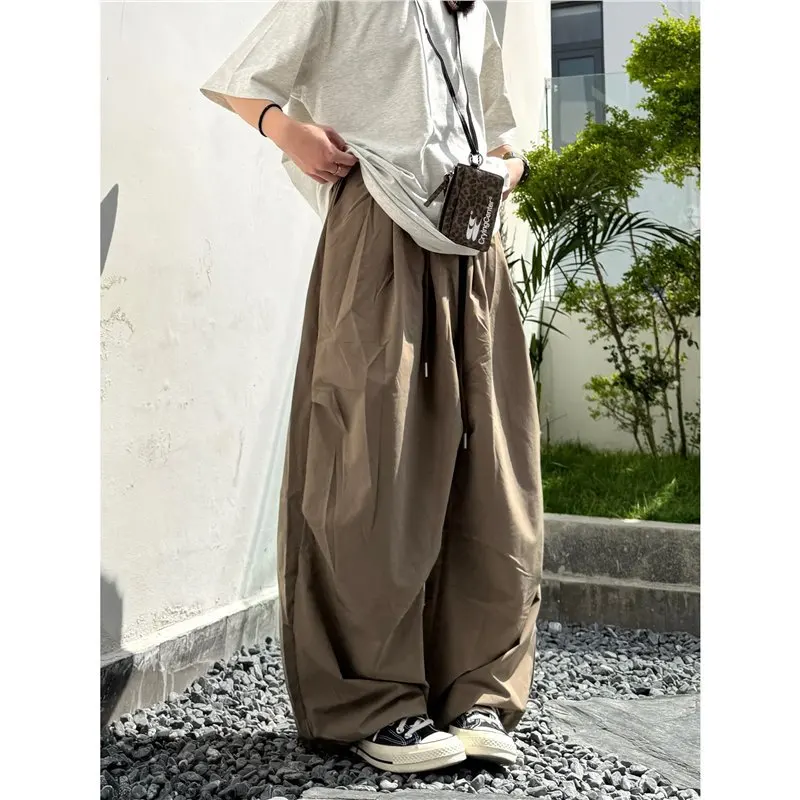 2026 New Spring Summer Japanese Retro Solid Color Loose Pleated Washed Wide Leg Pants Men Women Drawstring Lightweight Trousers