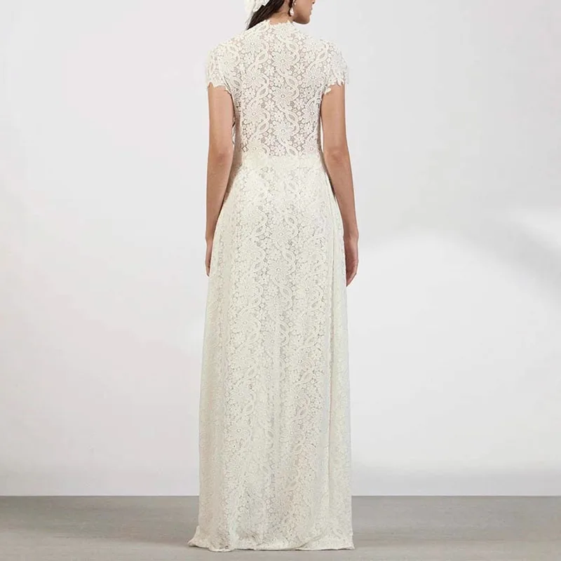 

Sexy Embroidery Lace Hollow Out Jacquard Dress Woman Turtlencek Front Split Party Dress Summer Short Sleeve Crochet Long Dresses