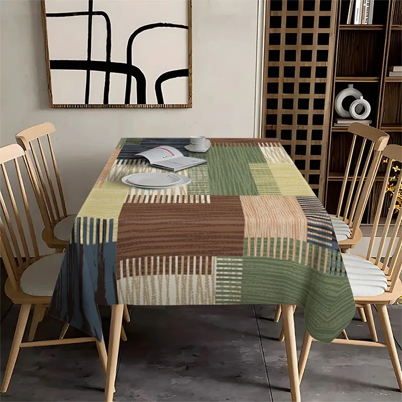 1pc Brown and Green Striped Patchwork Pattern with Natural Vintage-style Elements, Suitable for All Seasons, Creating a Rustic and Warm Atmosphere. Easy to Clean, Aesthetically Pleasing, and Durable. Tablecloth Mat, Ideal for Daily Home Use