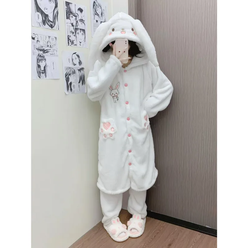3D Ugly Wishing Rabbit Pajama Women Winter Funny Ins Cat Claw Coral Velvet With Thick Plush Cute Rabbit Long Robe Pajama Set New