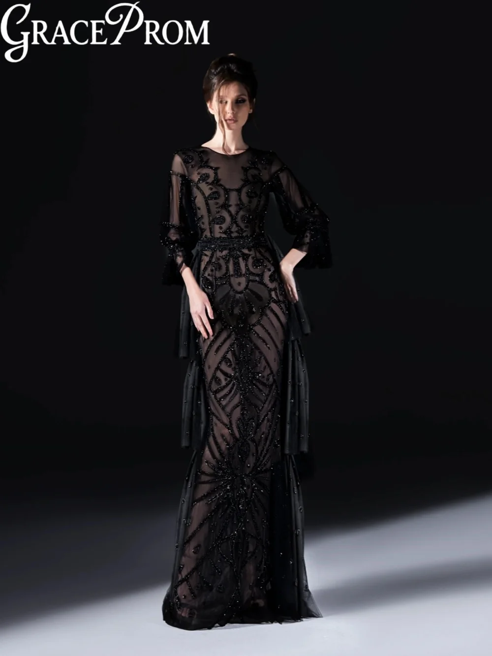 

Black Illusion Beaded Evening Dress Luxury Tiered Straight Long Wedding Party Gowns Customized Elegant Banquet Gowns