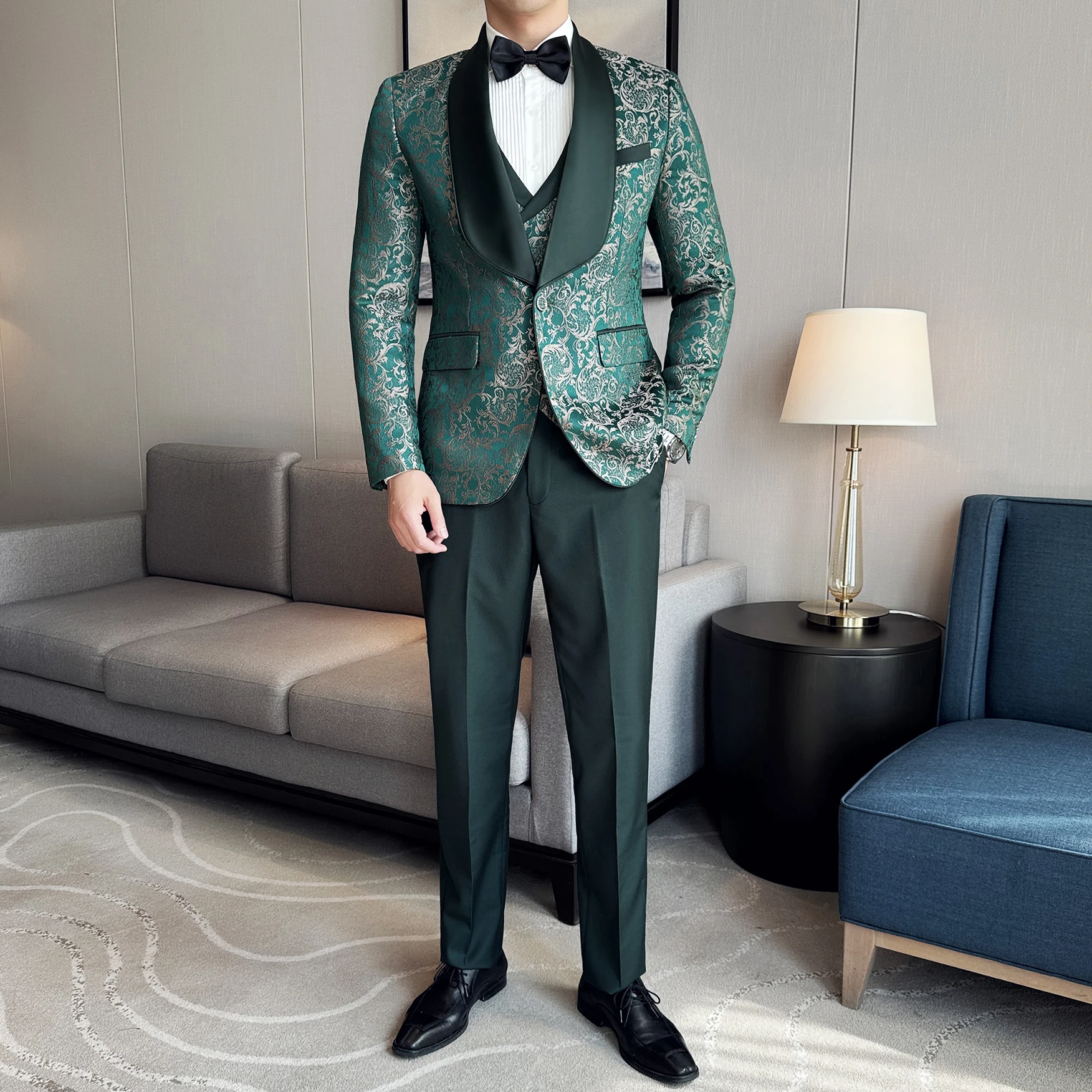 2024 Spring New Men\'s (suit + Vest + Trousers) British Style Business Casual Three-piece High-density Jacquard Wedding Dress