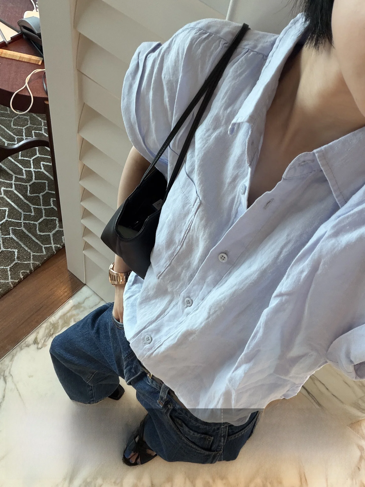 

Ayuko Heavyweight Linen Intellectual Simplest Pleated Texture Cuffed Sleeve Waist Inward Short Sleeve Shirt Casual Style