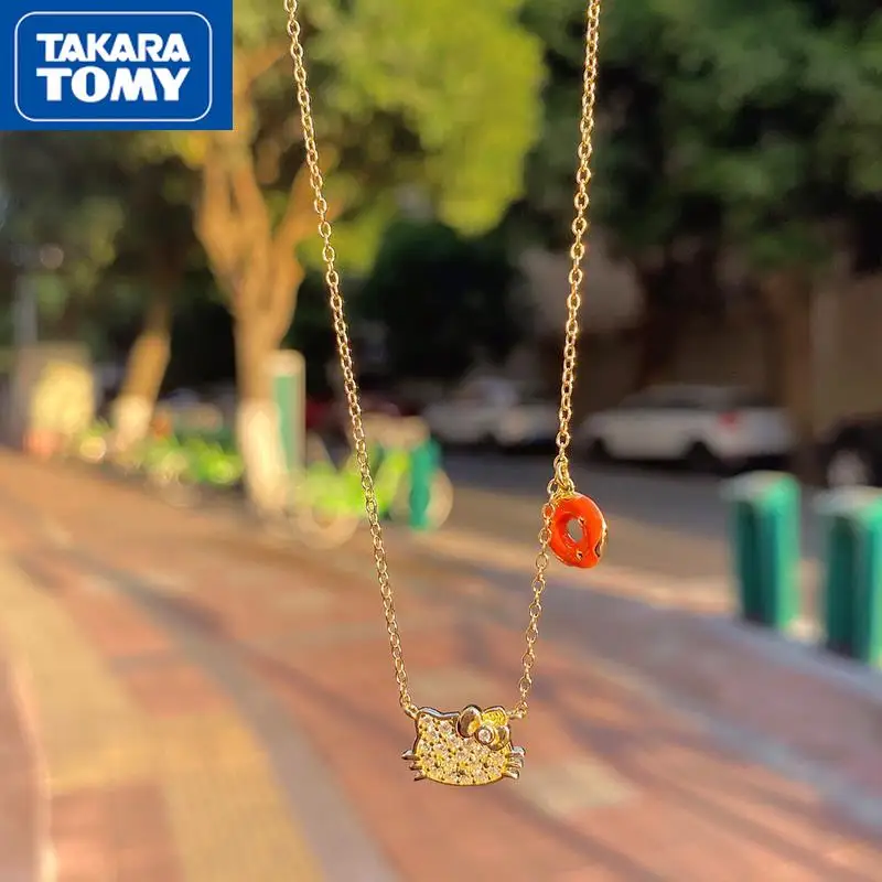 

TAKARA TOMY Hello Kitty Woman Diamond Shiny Elegant Collarbone Necklace Girl Sweet and Cute Donut Golden Accessories