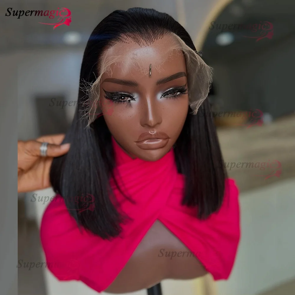 100% فيتنامي سوبر مزدوج مسحوب العظام مستقيم 13x4 أمامي بوب شعر مستعار مع شعر الإنسان أسود طبيعي 300% الكثافة للنساء السود #3