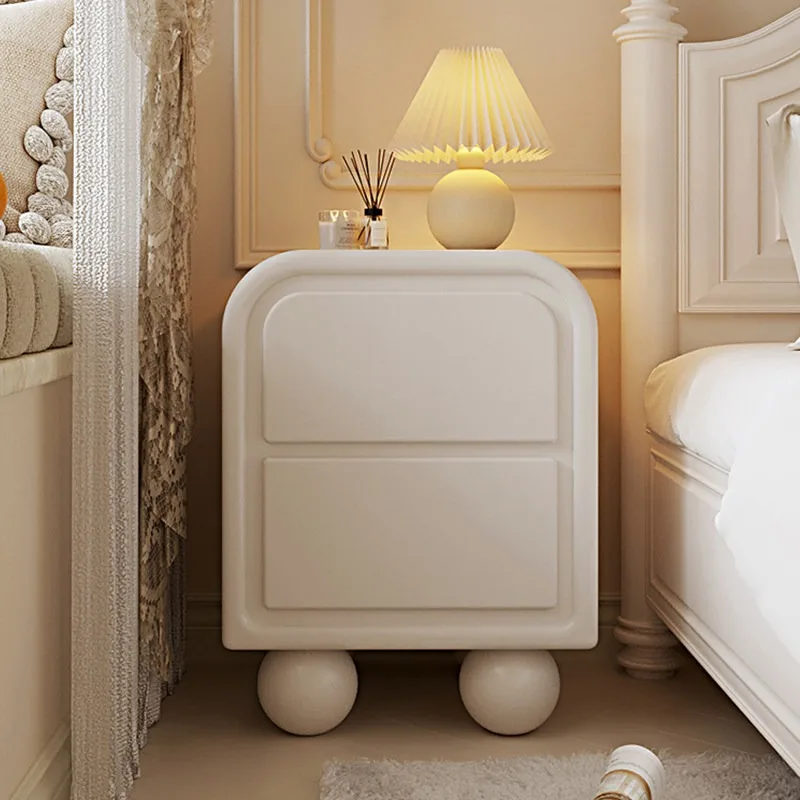 Modern Creamy Style 2-Drawer Wooden Nightstand | Rounded Ball Legs | Soft Curved Bedroom Bedside Table for Hotel Use