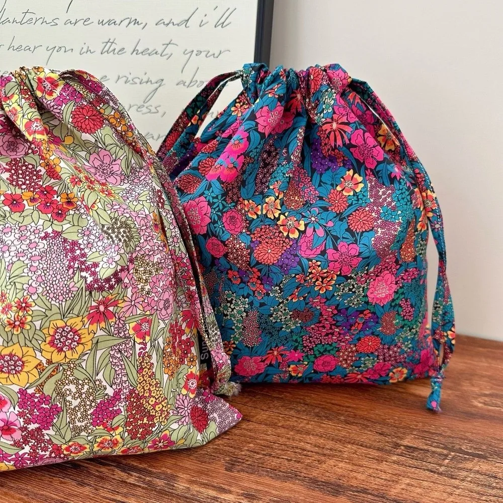 Floral Print Drawstring Storage Bag Bohemian Hanging Drawstring Bundle Pouch Handbag Portable ‌Boho Floral Pouch‌