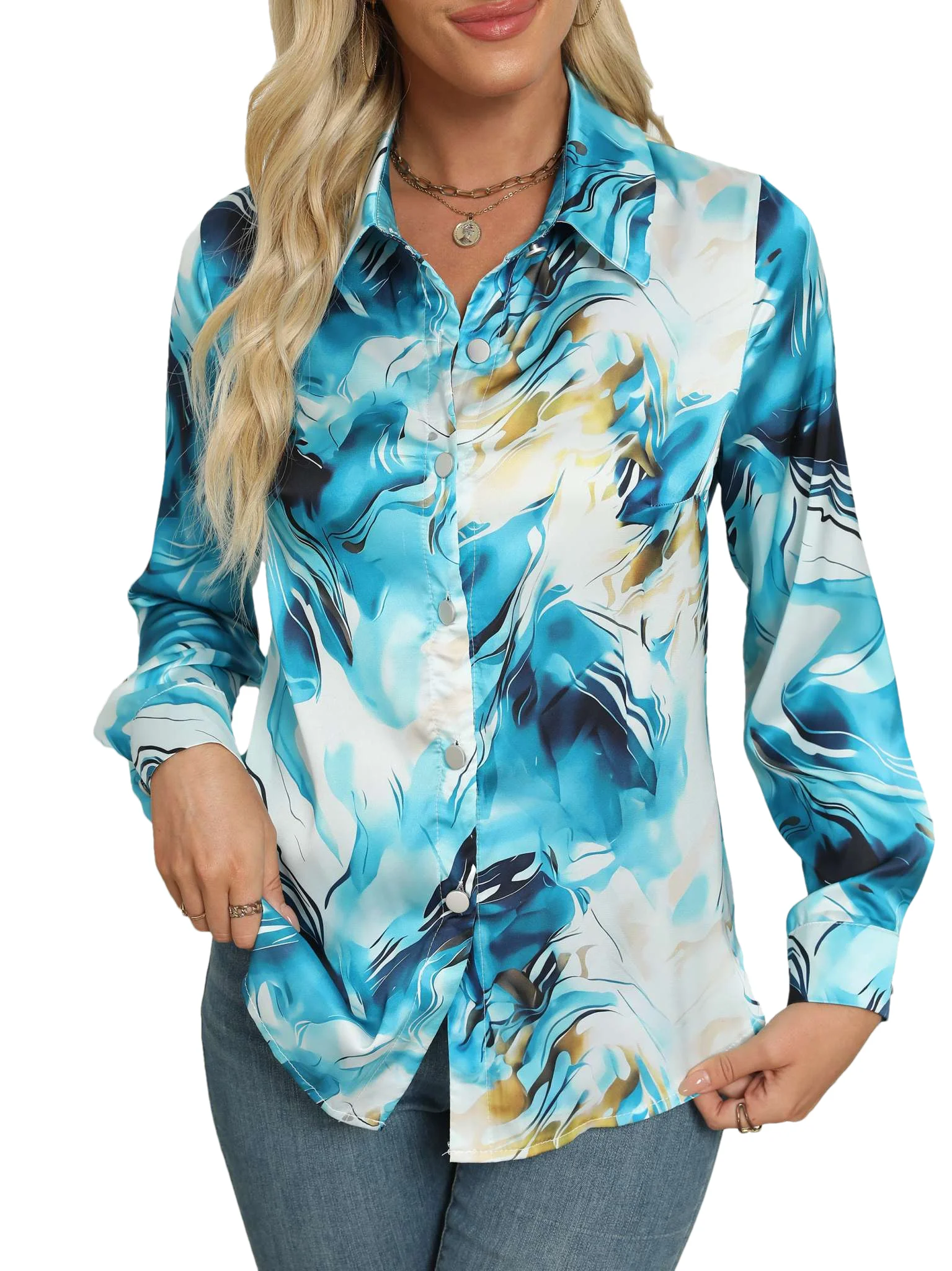 Women\'s Elegant Marble Print Long Sleeve Work Shirt  Spring & Summer Long Sleeve Tops