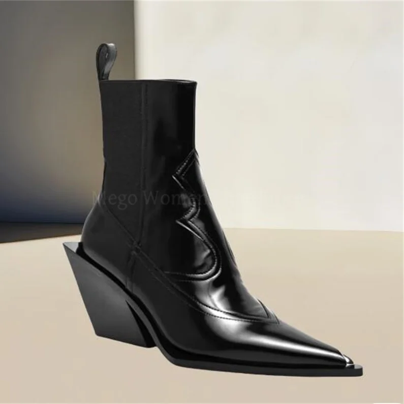 

Leather Pointed Toe Chelsea Short Boots for Women 2024 Autumn Winter British Style Mid High Heels Shoes Thick Heel Booties