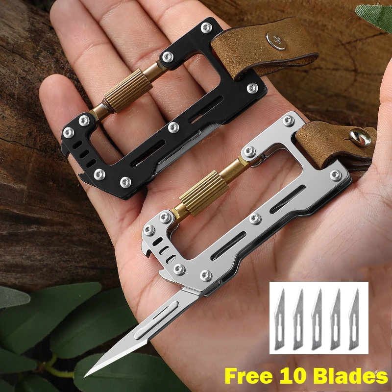 Stainless Steel Climbing Buckle Scalpel Mini Folding Knife Replaceable Blade Multi-function Bottle Opener Key Chain EDC Tool