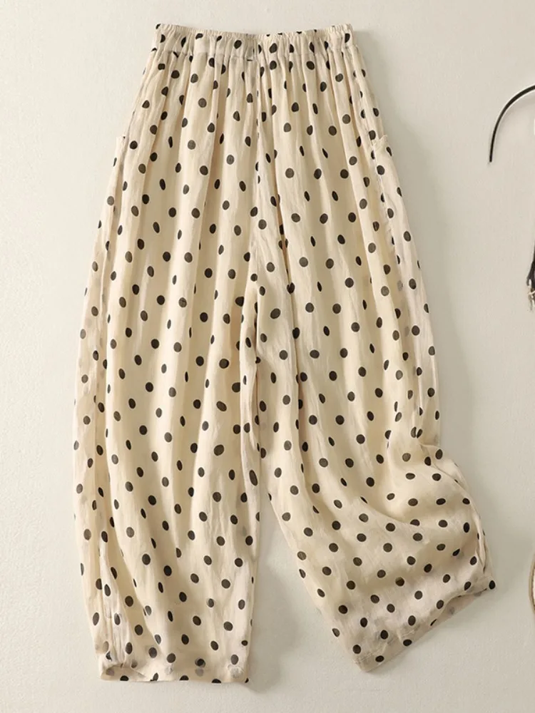 Sommer Casual Baumwolle Leinen Polka Dot Hosen frauen Elastische Taille Vielseitig Agel Breite Bein Hosen Dünne Neun Punkte Lose fit