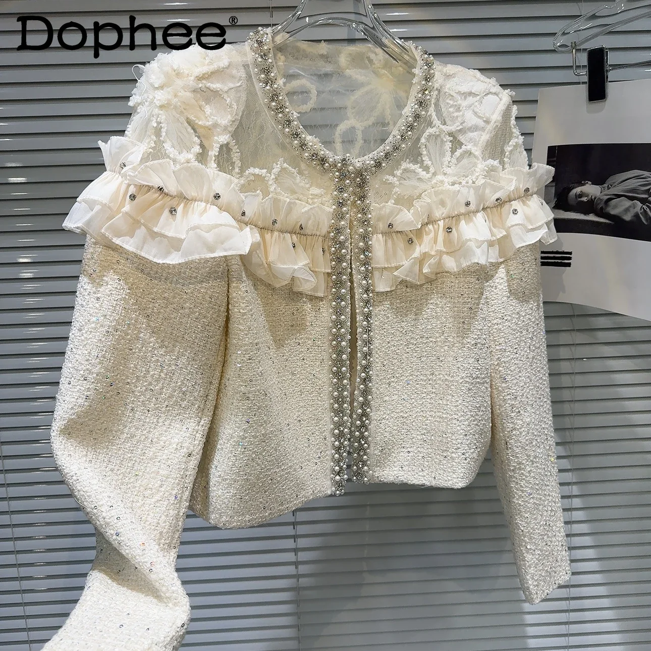 

Jackets for Women 2024 Autumn New Retro Pearl Beaded Edge Mesh Yarn Hollow Hook Flower Tweed Short Jacket Office Lady Coats