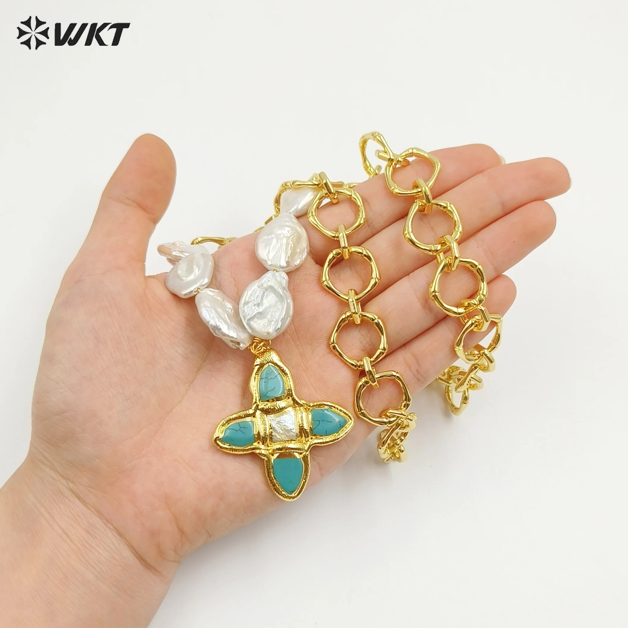 WT-JN324 Newest Amazing Natural Pearl And Turquoise Stone Necklace  Cross Shape Pendant With Gold Plated For Women Birthday Gift