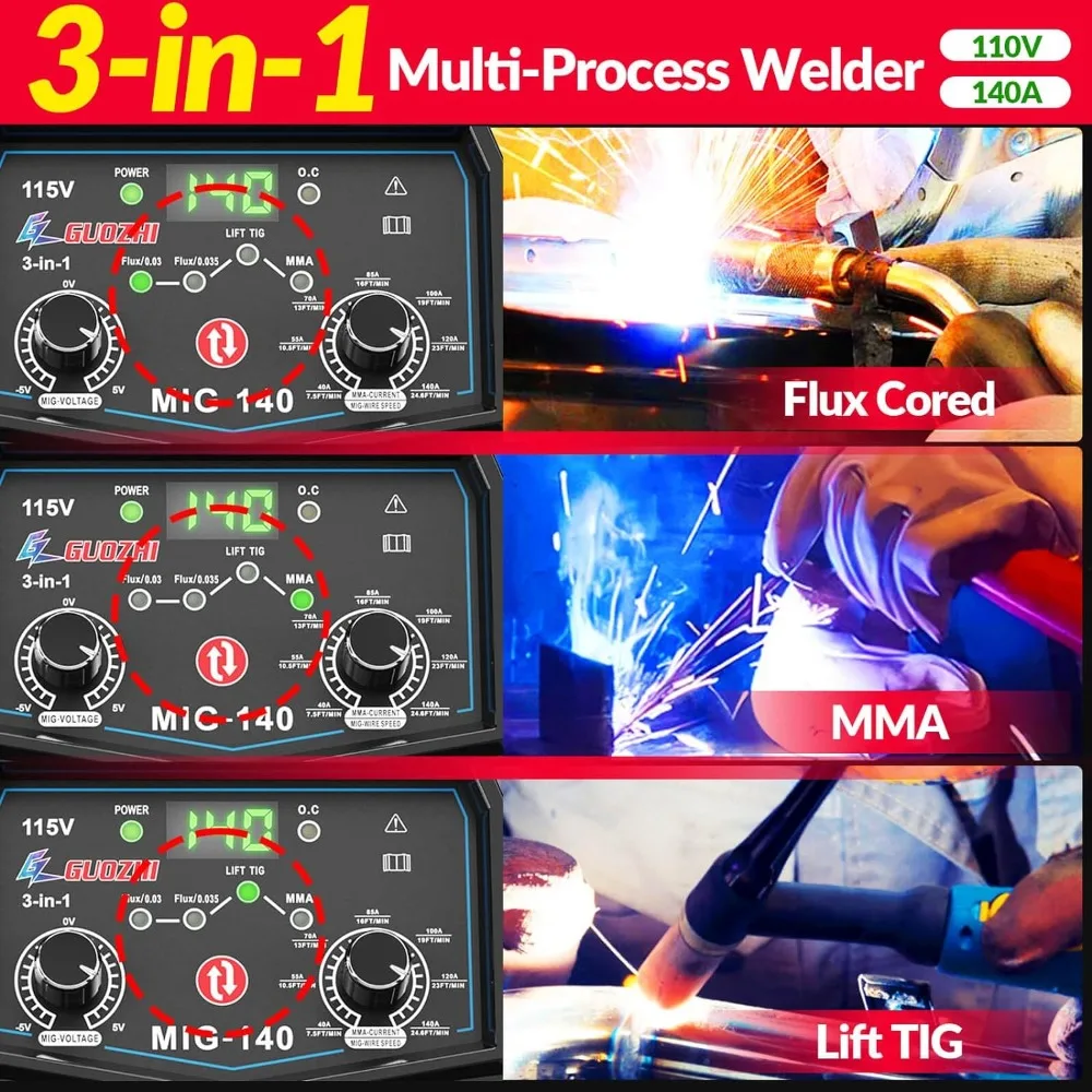 140Amp MIG Welder, Flux Core MIG/Stick/Lift TIG 3 in 1 Welding Machine,110V Gasless Welder with Synergy, Portable IGBT Inverter