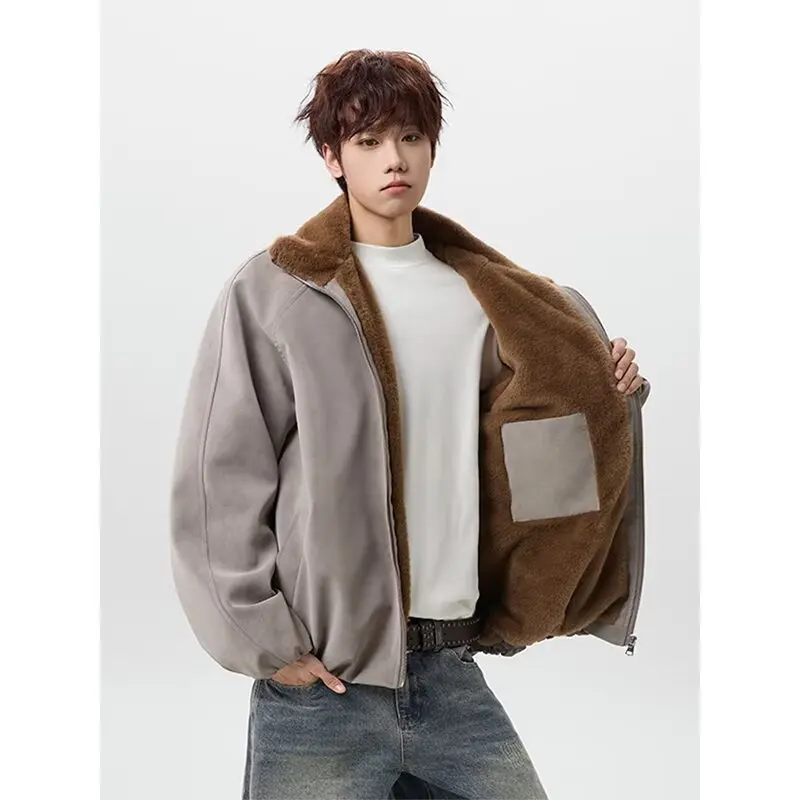 

2025 Autumn and Winter New Jacket Men's Stand Up Lamb Fur Lined Cotton Coat Zipper High-quality Comfortable Jacket