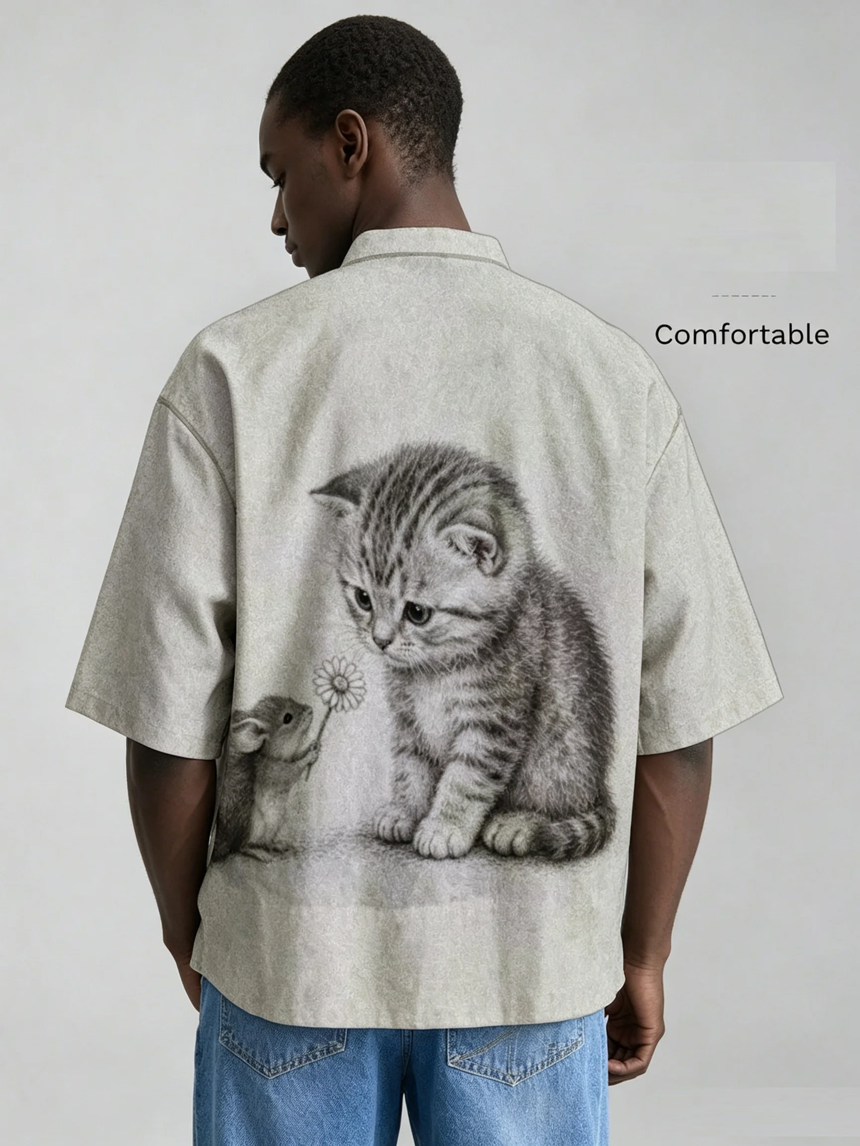 Men Chinese Style Frog Button Stand Collar Shirt, Loose Short Sleeve Animal Print Casual Blouse For Summer