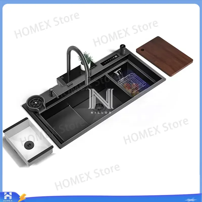 Black Nano Kitchen Sink Double Bowl Waterfall Stepped Design Multifunctional Undermount Stainless Steel Basin with Fruit