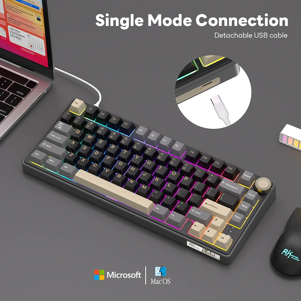 Royal Kludge RK R75 คีย์บอร์ดแบบมีสาย 80 คีย์ 80% ปะเก็น RGB Backlit Hot-swappable คีย์บอร์ด MDA PBT Keycaps
