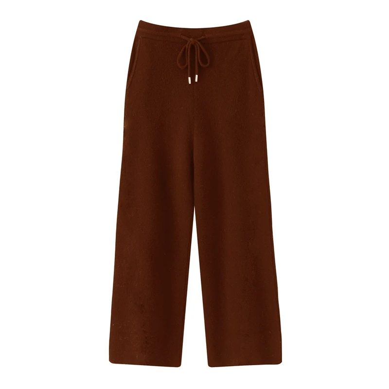 2025 Heren 100% merinowol dikke elastische taille wijde pijpen herfst winter gebreide broek warme comfortabele casual losse lange broek