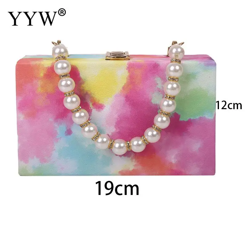 Fashion Colorful Ink Painting Women Clutch Handbag Mini Big Pearl Top Handle Soft PU Leather Messenger Purse Crossbody Chain Bag