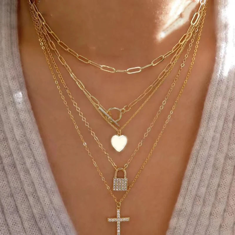 Bohemia Accessories Necklace For Women Trendy Multi-Layer Crystal Cross Lock Heart Pendant Necklaces Set Jewelry Gifts N0391