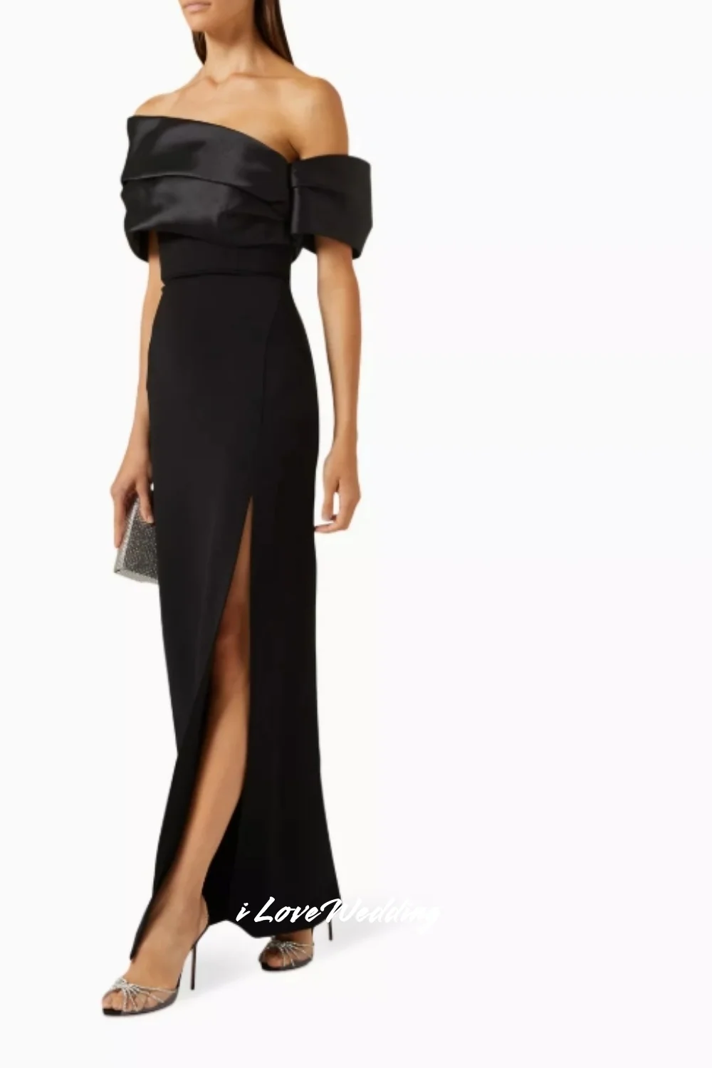 Black Off Shoulder Evening Dress 2025 Satin Pleat Mermaid Side Split Formal Occasion Ankle Length Wedding Party Dress Customized image 2