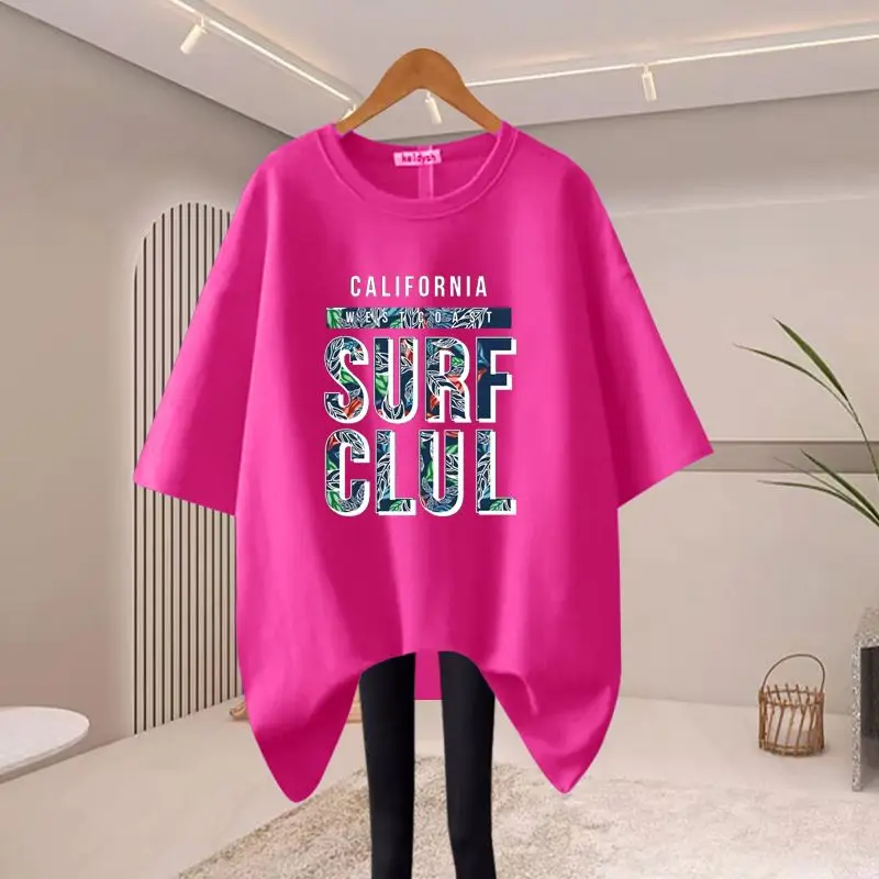 Women Fashion Letter Printing Y2k T-shirts Summer Pure Cotton O-neck Short Sleeve Basic Tee Office Lady Oversized Tops 45-105Kg