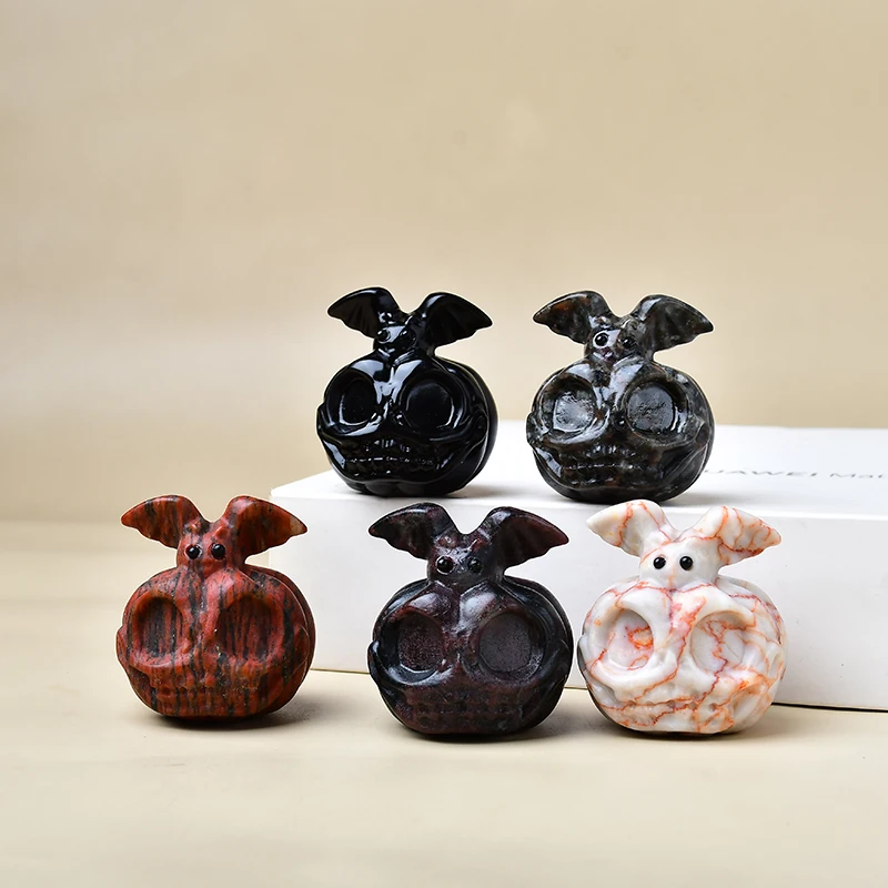 Natürlicher Kristall geschnitzter Kürbis und Fledermaus – ideales Halloween-Geschenk, Heimdekoration, Kristall- und Steenskulptur für gruselige Jahreszeiten