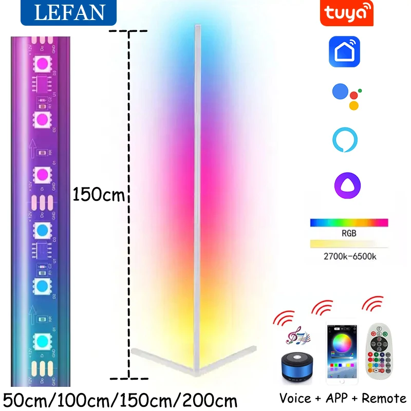 Imagem -02 - Rgb Led Floor Standing Lamp com Controle Remoto Controle de Voz Luz Indireta de Canto Tuya App Decoração para Casa Alice Google Samsung Sofá