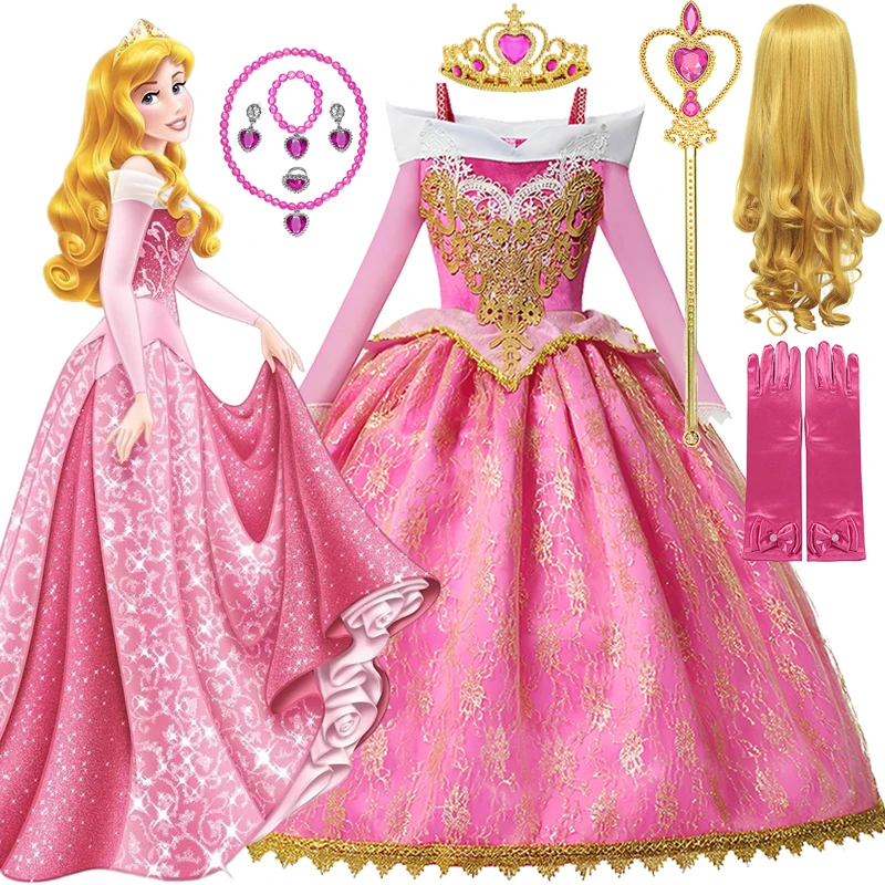 Disney Sleeping Beauty Girls Aurora Princess Dress Kids Cosplay Rapunzel Frozen Elsa Cinderella Costume Party Clothing 2-10Years