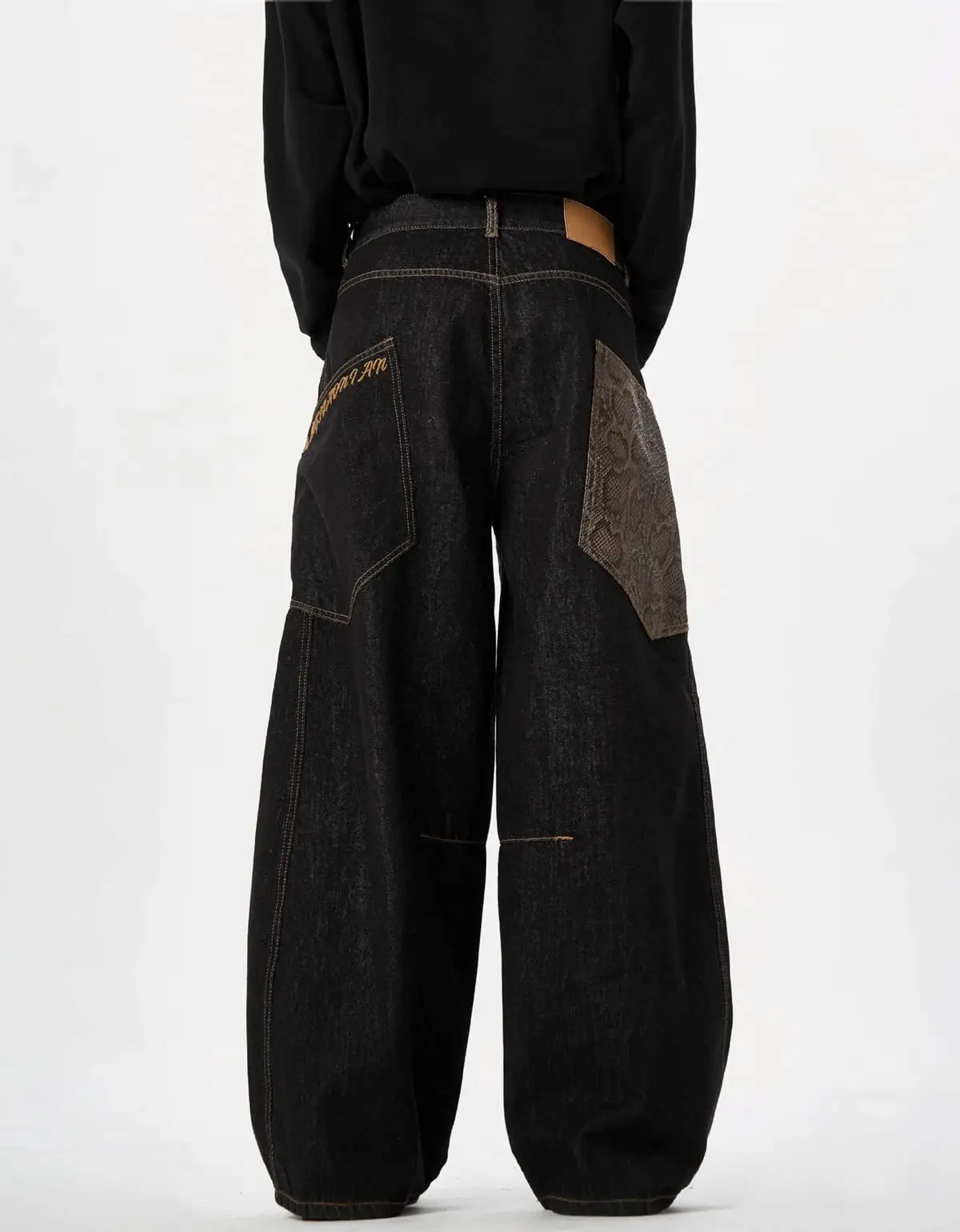 Men's Dark Wash Baggy Wide Leg Jeans Snake Skin Patch Pocket Embroidered Detail Hip Hop Streetwear Casual Daily Party Denim Trousers