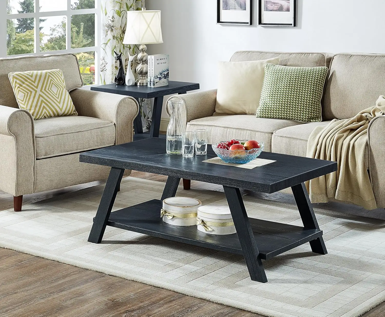 Contemporary 3-Piece Wood Shelf Coffee Table Set , Black