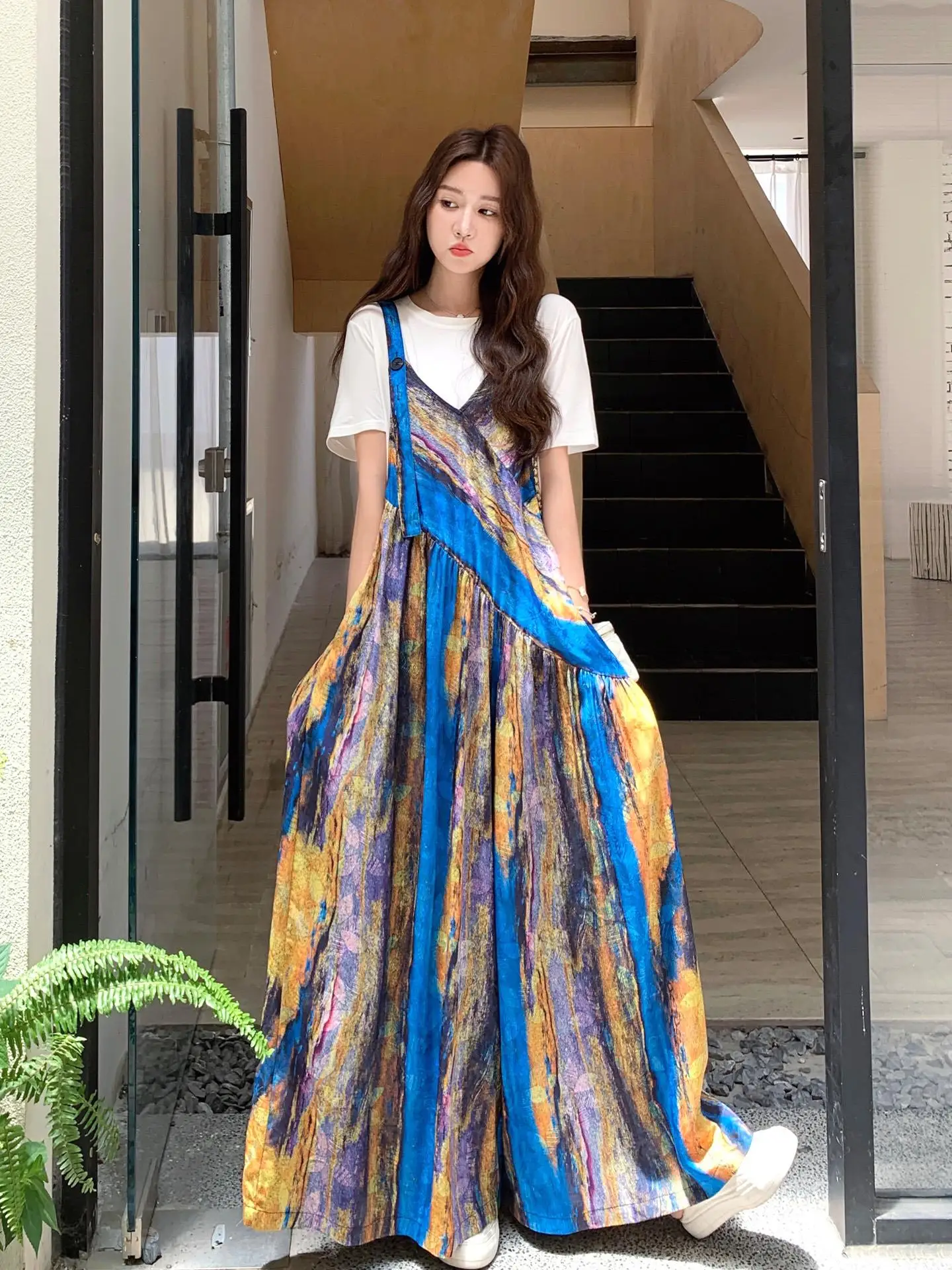 

Корейский комплект комбинезонов с градиентным принтом, женский повседневный омолаживающий комбинезон, костюм из двух предметов, летняя новинка