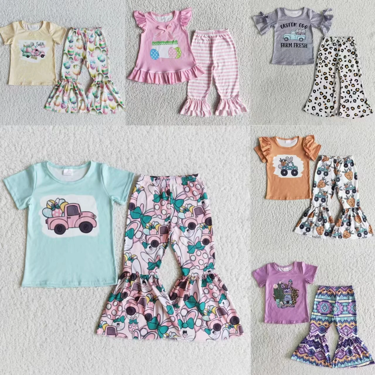 

Wholesale Toddler Kids Short Sleeves Rabbits Eggs Shirt Baby Girl Bell Pants Outfit Children Easter Set