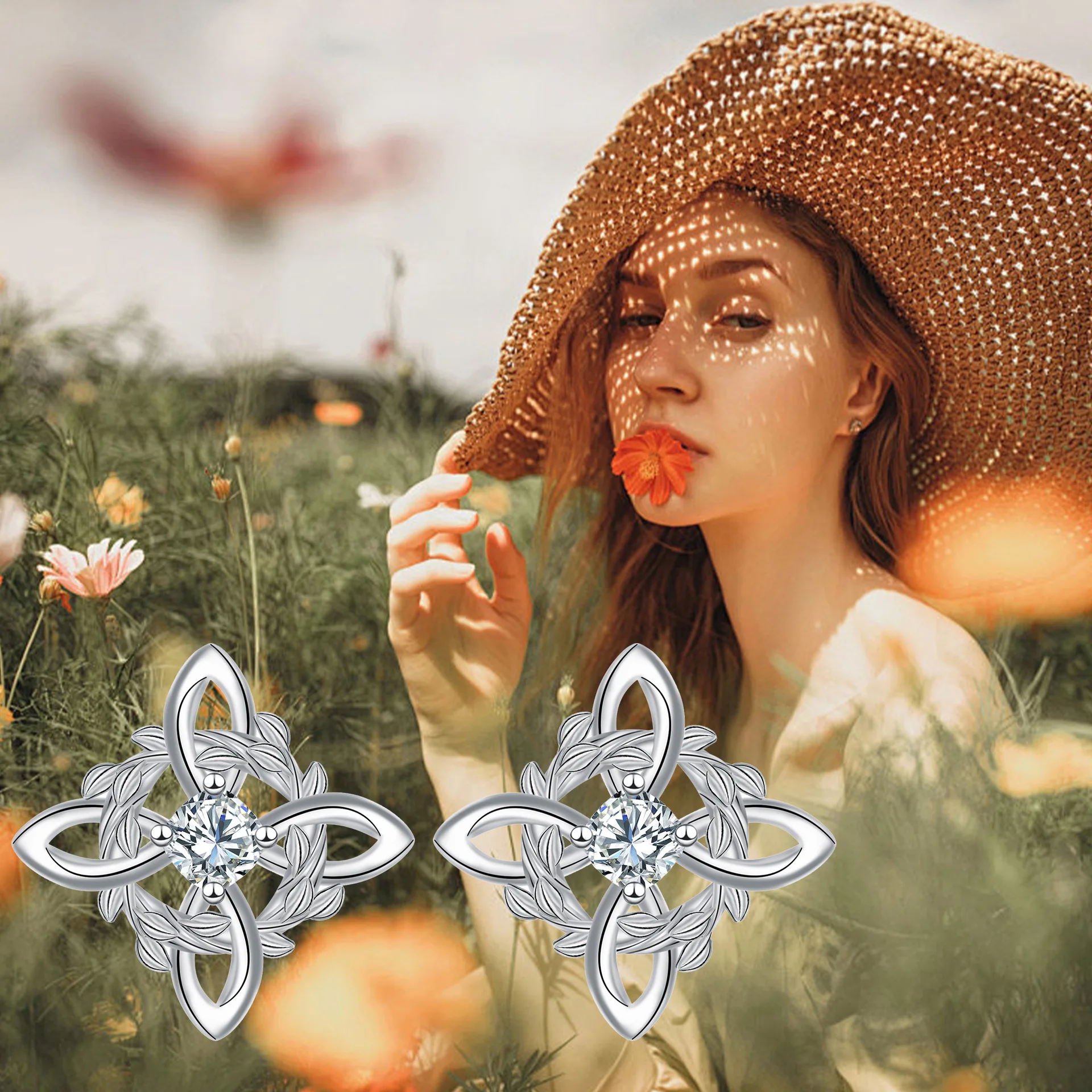 رائجة البيع فضة سلتيك عقدة ليف أقراط الزركون خمر الأزهار وأقراط للنساء هدية مجوهرات الأيرلندية الفريدة