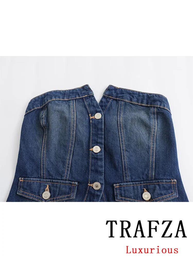 Trafza Vintage Damespak Denim Strapless Knoopzakken Slanke Topsjerpen Wijde Geplooide Korte Rok Nieuwe Mode 2024 Zomersets