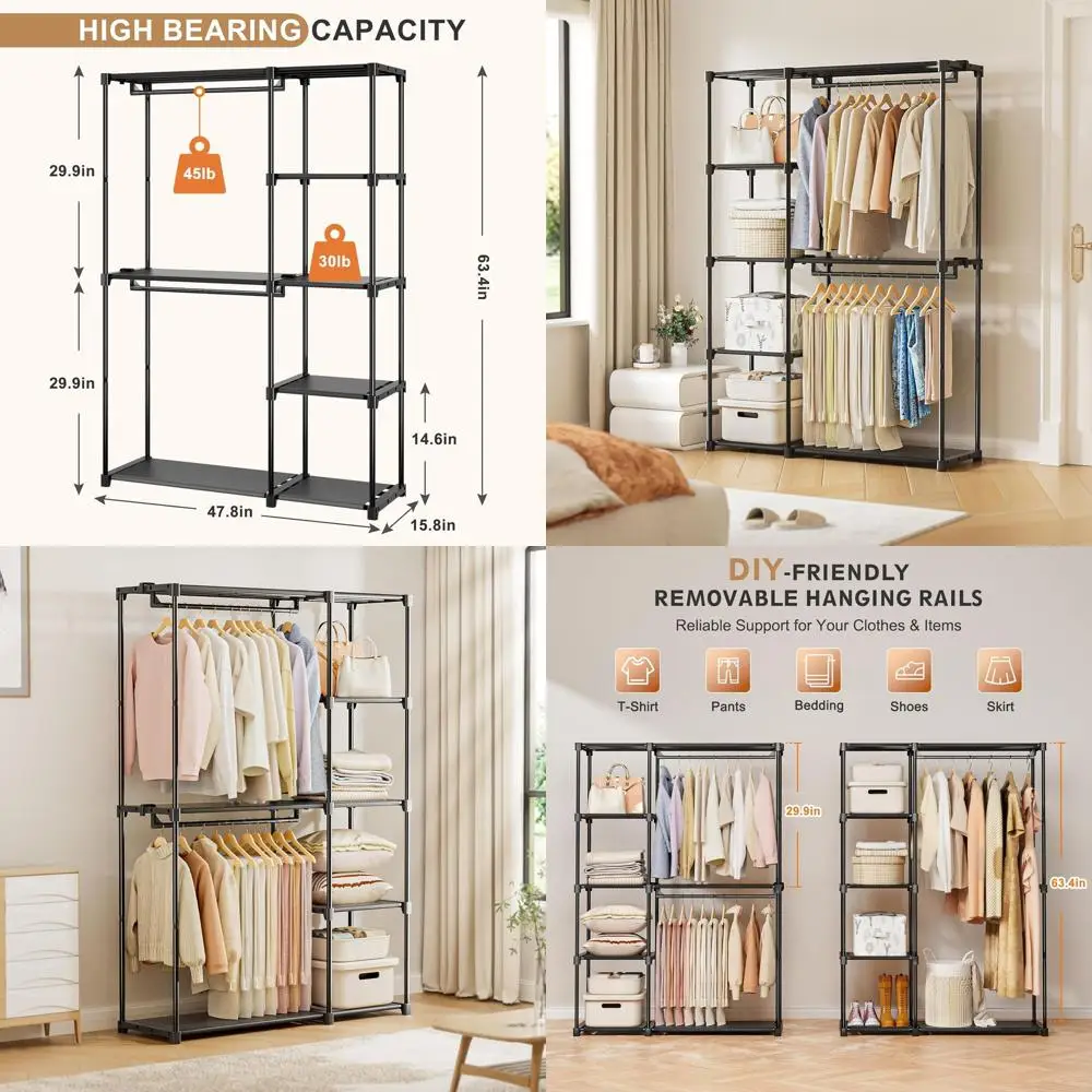 

Space-Saving 4-Shelf Hanging Closet Organizer with 2 Rods, 47.8x15.8x63.4