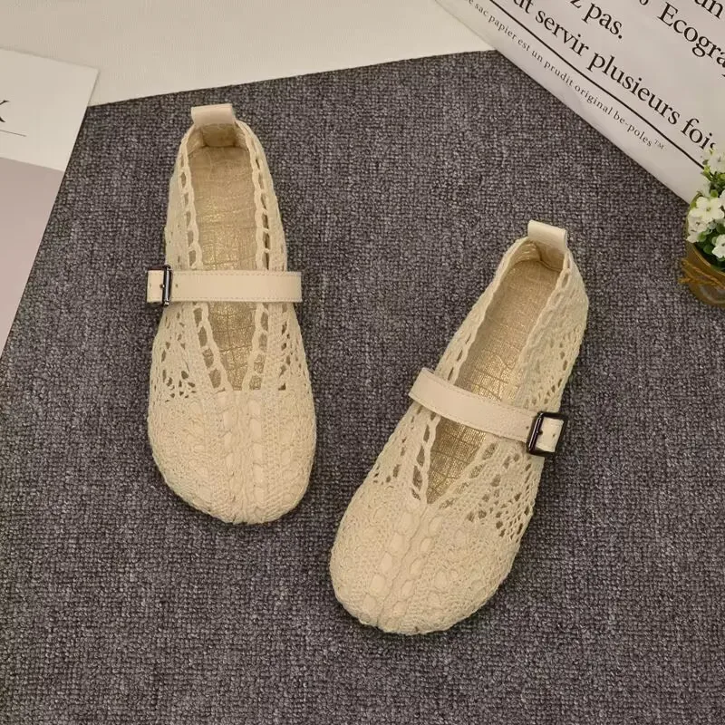 2023 New Spring Summer Flat Shoes Woman Knitted Lace Fisherman\'s Shoes Sweet Girls Lace Hollow Breathable Casual Shoes Loafers